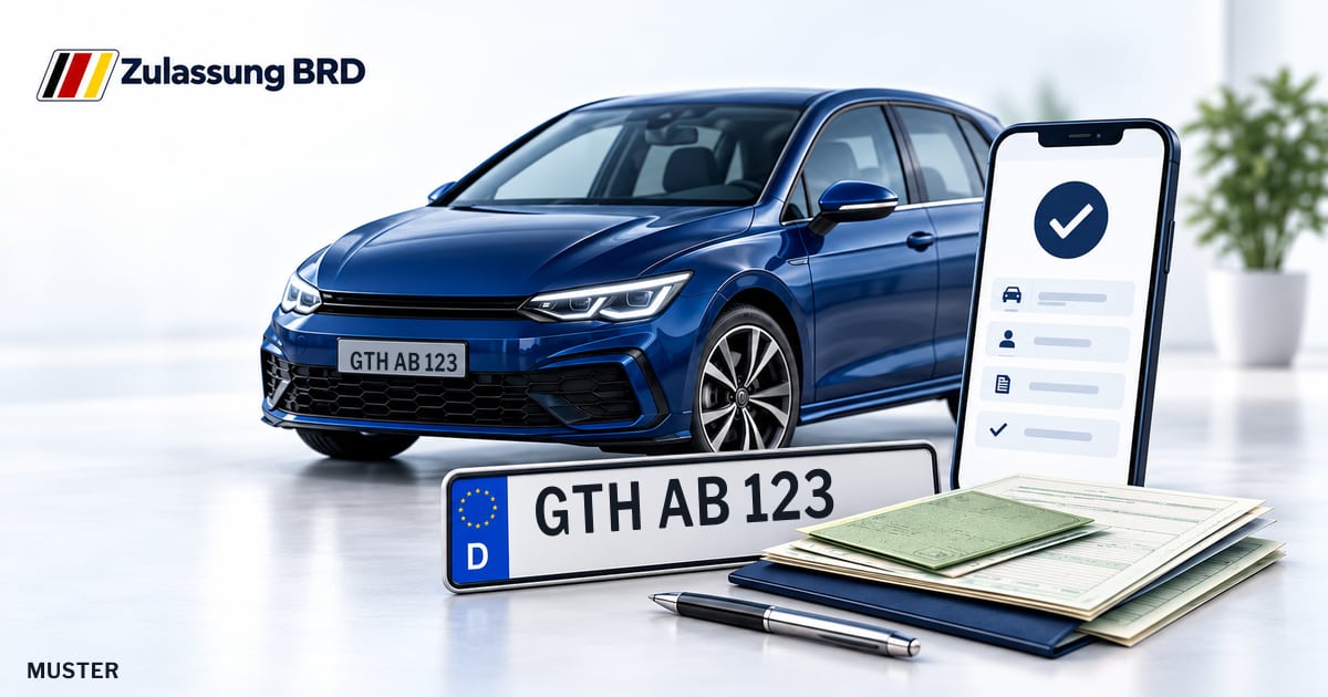 Online Fahrzeugzulassung in Gotha: Musterkennzeichen GTH AB 123, Auto und Fahrzeugpapiere und Smartphone. Illustration mit Logo von Zulassung BRD.